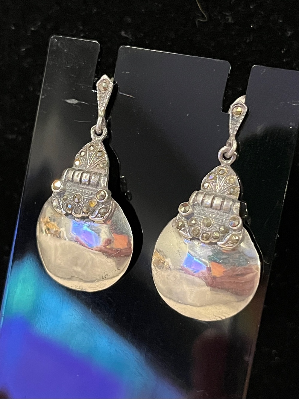 Vintage Polished .925 Sterling Silver Marcasite Drop Circle Earrings in Silver
